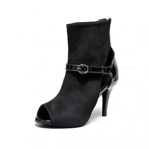 Women's Black Suede Patent Spliced Cut‑Out Peep‑Toe Dance Ankle Boots, Buckle Strap Back Zipper High Heels