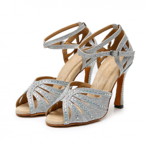 Women's Silver Glitter Rhinestone Latin Dance Shoes, Peep‑Toe Cutout Crisscross Straps Soft Sole High Heels