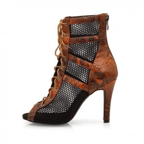 Women's Brown Snake Print Mesh Dance Ankle Boots, Peep‑Toe Lace‑Up Stiletto Latin Dance Booties