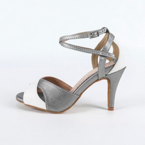 Silver‑White Color Block Crisscross Strap Peep‑Toe Stiletto Latin Dance Shoes