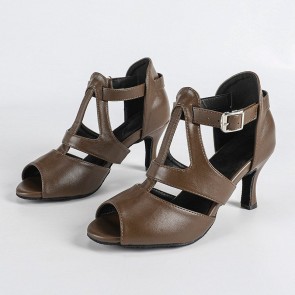 Women's Brown Hollow‑Out Buckle High Heel Latin Dance Shoes, Professional Ballroom Salsa Practice Dance Footwear