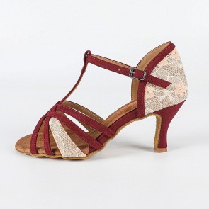 Women’s Wine Red Lace T‑Strap High Heel Latin Dance Shoes, Professional Suede Sole Ballroom Salsa Practice Dance Footwear