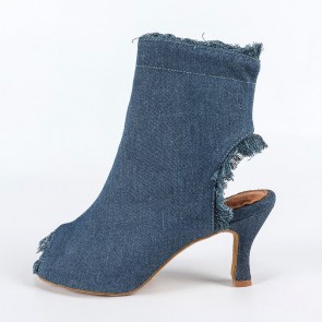 Women’s Denim Fringe Cut‑Out Ankle Boot Latin Dance Shoes, Side Zipper Suede Sole High Heel Salsa Ballroom Practice Footwear