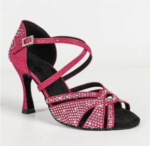 Women Fuchsia Rhinestone Latin Dance Shoes, Peep‑Toe Criss‑Cross Ankle Strap High Heel Salsa Ballroom Performance Dance Footwear