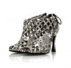 Women Snake Print Cut‑Out Grid Ankle Dance Boots, Peep‑Toe Back Lace‑Up High Heel for Latin Salsa Performance