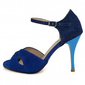 Women Royal Blue Suede Latin Dance Shoes, Criss‑Cross Peep‑Toe Ankle Strap Stiletto Heel Ballroom Salsa Competition Performance Shoes