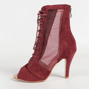 Wine Red Suede Mesh Peep‑Toe Lace‑Up Dance Ankle Boots For Women, Stiletto Heel