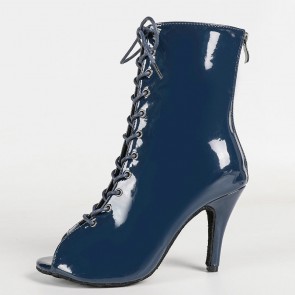 Navy Blue Patent Leather Peep‑Toe Lace‑Up Dance Ankle Boots For Women, Stiletto Heel