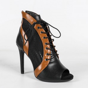 Black‑Brown Color‑Block Mesh Peep‑Toe Lace‑Up Dance Ankle Boots For Women, Stiletto Heel