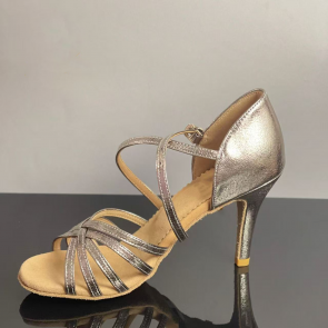 Custom Women's Adult Latin Dance Shoes Shiny Silver & Premium Grey Suede Mid/High Heel Soft Sole 5-Strap Basic Style