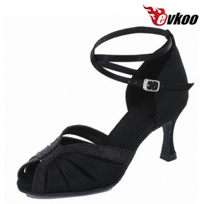  Hot Sale Woman Latin Dance Shoes 7.3cm Heel Black Khaki Satin With Glitter New Style Salsa Dancing Shoes Evkoo-278