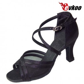 Evkoo Dance Women's Latin Dance Shoes Gold Black Khaki Satin With Mesh Dancing Shoes 7cm Heel Evkoo-099