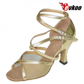 Salsa Dance Shoes Evkoodance Woman 7cm Heel Can Be Custom Golden Tan Leopard Pu Leather Dancing Salsa Shoes Evkoo-132
