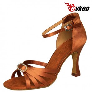 Woman Salsa Latin Shoes Made By Satin With Crystal Buckle Black Tan Khaki Free Shipping Shoes Evkoo-197
