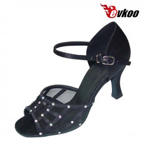 Ladies Salsa Shoes Red And Black Satin Diamond Dance Shoes 7cm Heel Comfortable Material Evkoo-209