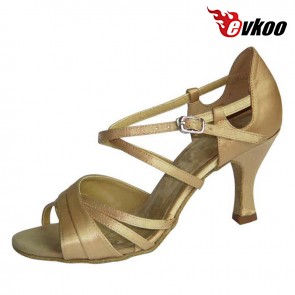 Satin Woman Latin Salsa Dance Shoes 7 cm Heel Khaki Color Stable Strap Special New Design Evkoo-213