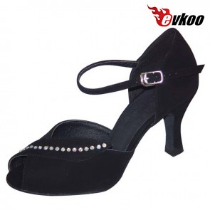 Pu With Diamond Salsa Dance Shoes Women Black Golden Color Middle Heel Can Be Customize Evkoo-228