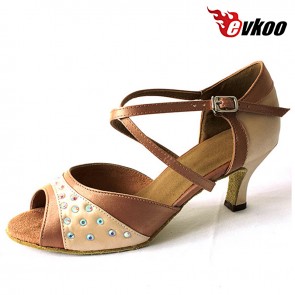 Brown Satin With Diamond 6cm Heel Woman Latin Salsa Shoes New Style High Quality Evkoo-259