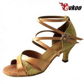 Brown Color Evkoodance Brand Woman Latin Salsa Dance Shoes 6cm Low Heel Can Be Customize Evkoo-261