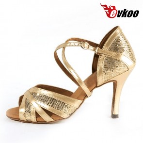 Free Shipping Most Comfortable Gold New Style Salsa Ballroom Dance Shoes 5 / 6 / 7 / 8 cm Heel Latin Dance Shoes Women Evkoo-267