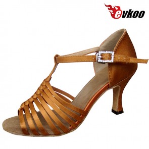 Tan Color Satin With Crystal Woman Ladies Latin Shoes 7cm Heel High Quality Dance Shoes Evkoo-272
