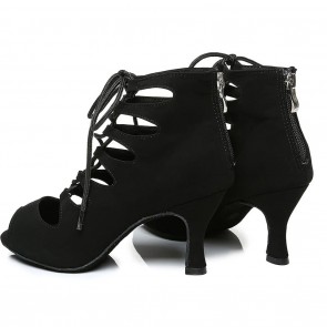 Women's Black Cutout Lace-Up Latin Dance Ankle Boots Peep Toe Back Zipper Mid Heel Salsa Jazz Ballroom Shoes PU Suede Rubber