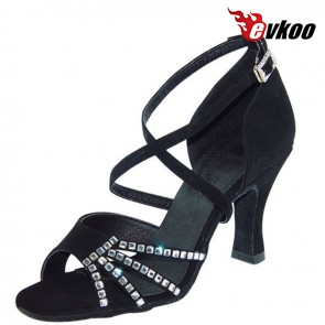 Evkoo Dance Nubuck With Diamond Dance Shoes For Ladies 7cm Heel Black X-strap Latin Dance Shoes Evkoo-092
