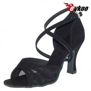 Evkoo Dance Black Latin Shoes For Woman Nubuck With Mesh Dance Shoes 7cm Heel Hot Sale Evkoo-093