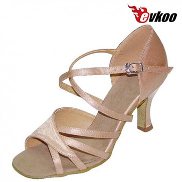 Khaki Color Satin X-Strap Woman Latin Salsa Dance Shoes 7cm Heel  New Arrival Free Shipping Evkoo-196