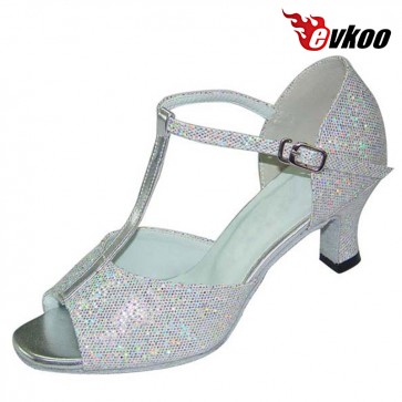 Black Sliver Latin Salsa Tango Dance Shoes For Ladies 7 cm Heel Active Indoor Leather Sole Shoes Evkoo-215