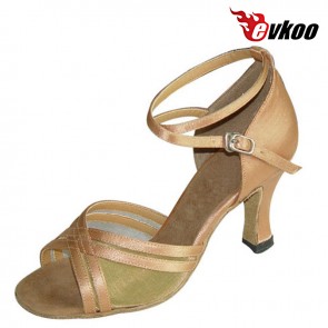 Evkoo Dance Satin With Mesh Simple Dancing Shoes Salsa Latin Shoes Black And Khaki Color Evkoo-097
