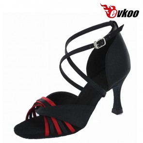 7cm Heel Woman Latin Dance Shoes Black Brown Satin Material Salsa Shoes Popular X-Strap Design Evkoo-240