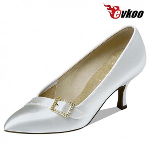Evkoo Dance White Satin Modern Dance Shoes Conveniente Lazy Woman Shoes Without Strap 7.3Cm Heel Evkoo-086