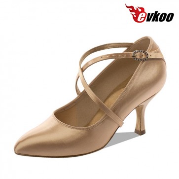 Khaki color made by satin and crystal 7.3 cm heel modern dance shoes for ladies