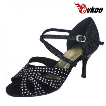 Latin Dance Shoes For Ladies Satin With Diamond Salsa Dance Shoes 8.5cm Heel Black Tan Color Evkoo-275