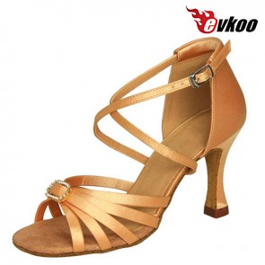 Evkoo Dance Black Red Tan Khaki Woman Salsa Shoes Satin With Crystal Buckle Latin Dance Shoes Evkoo-151