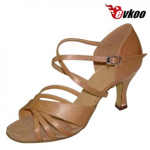 Evkoodance Satin Tan Color X-strap Lady Latin Dance Shoes Leather Sole Professional Salsa Shoes Evkoo-219