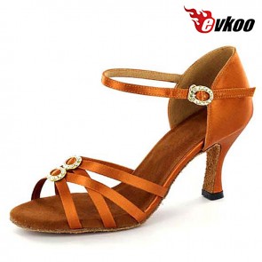 Dark Tan Satin With Crystal Buckles 7cm Heel Latin Salsa Dance Shoes For Ladies Hot Sale Shoes Evkoo-273