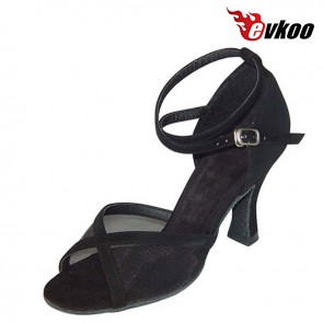 Cheap Latin Shoes Women Free Shipping Evkoodance Nubuck Black Golden Pu And Satin Tan 7cm Salsa Latin Shoes Evkoo-133